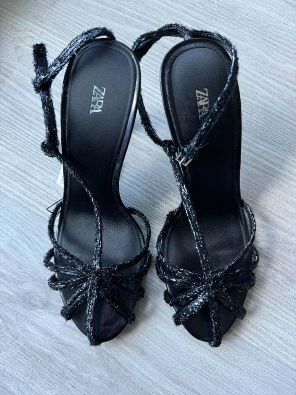 ZARA Textured Fringed Strappy Heeled Sandals - Black / Size 8 (EU 38) NWT - Picture 6 of 13